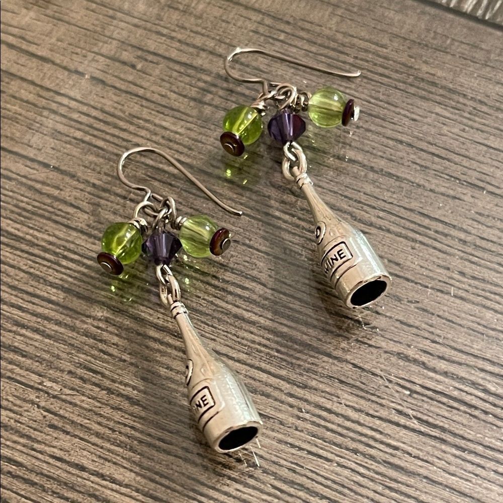 Silver-tone Wine bottle Earrings with Purple & Green Glass Beads